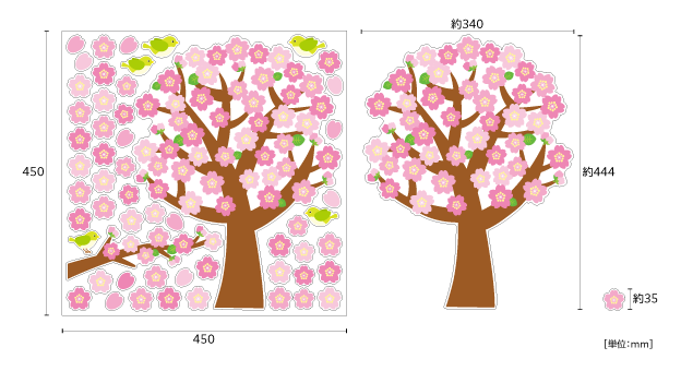 【壁】桜の木と鳥たちのサイズ